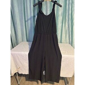 LOFT Jumpsuit Womens M Black Sleeveless Ruffle Neck Wide Leg Pockets Lightweight